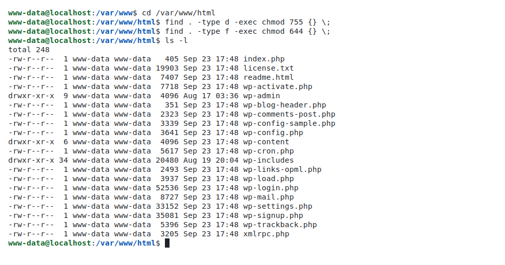 A terminal session showing the two find commands resetting WordPress directories to 755 and files to 644