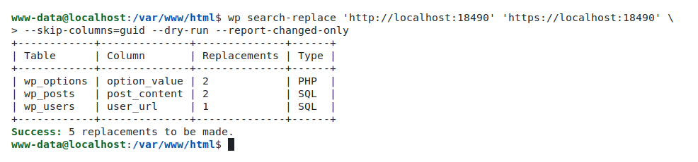 Terminal showing a wp search-replace dry-run command and a table listing how many replacements would occur in each affected database table