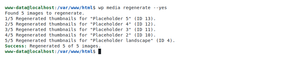 A terminal session running wp media regenerate, showing thumbnails being rebuilt for a batch of attachments