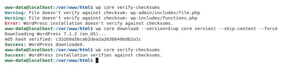 A terminal window showing the output of wp core verify-checksums, listing core files that do not match the official WordPress checksums, followed by a clean result after reinstalling