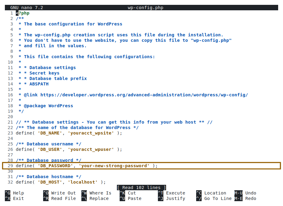 The wp-config.php file open in a text editor with the DB_PASSWORD define line highlighted, showing the new password inside single quotes