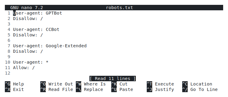 A robots.txt file open in an editor showing user-agent rules that disallow training crawlers while allowing search and retrieval crawlers