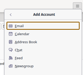 The Thunderbird app menu opened at its Add Account panel, with the Email option highlighted