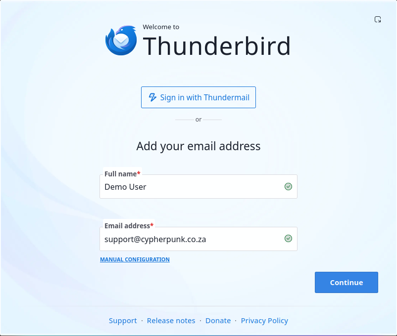 The first screen of the Thunderbird Account Hub with the full name and email address filled in for an example Noiz mailbox; the password is asked for on a later screen