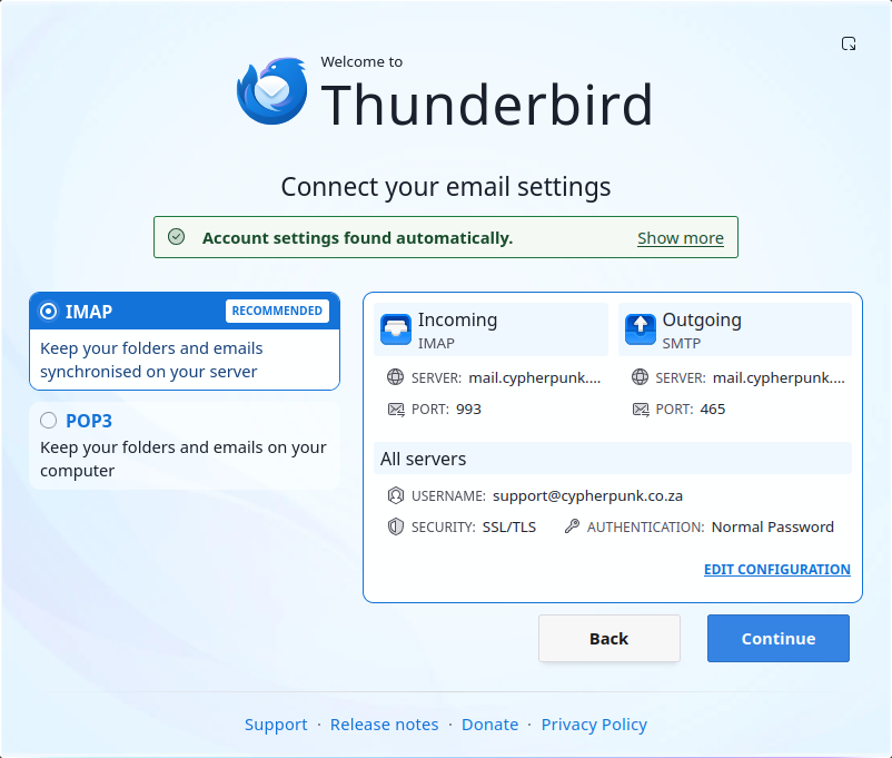The Thunderbird Account Hub showing the automatically found IMAP and POP3 configuration options with the IMAP option selected