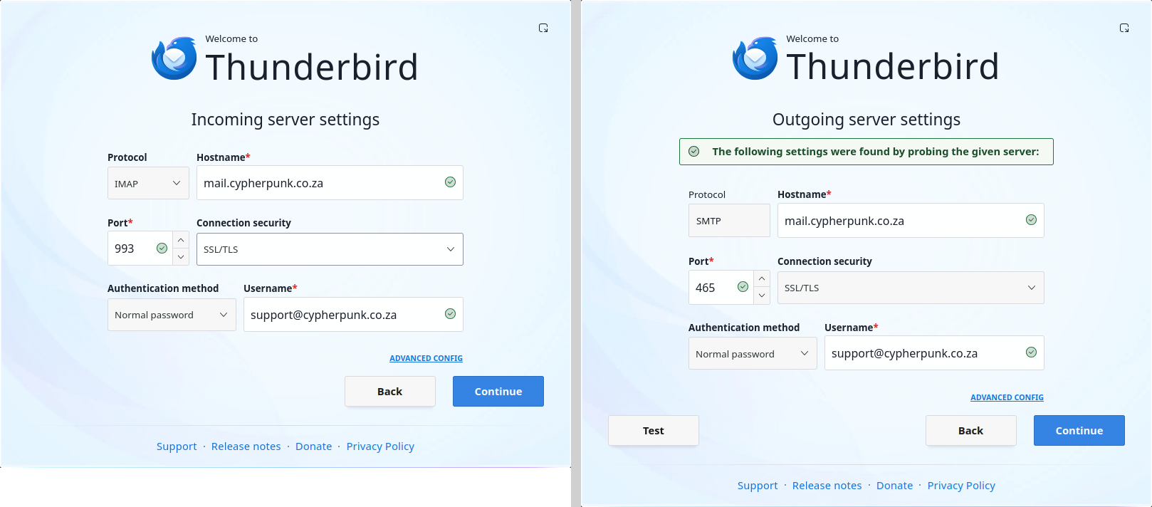 The two manual configuration screens of the Thunderbird Account Hub side by side: the incoming server screen with IMAP, port 993 and SSL/TLS, and the tested outgoing server screen with SMTP, port 465 and SSL/TLS, both using the full email address as the username