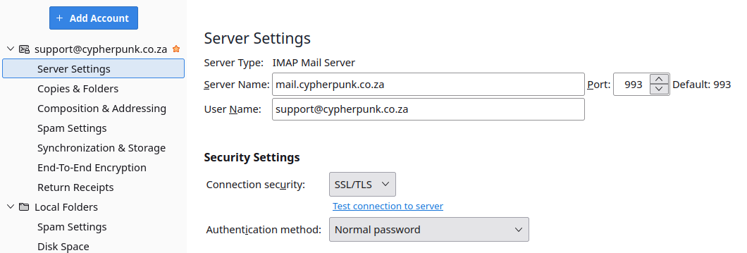 Thunderbird Account Settings on the Server Settings page showing Server Type IMAP Mail Server, a Server Name in the mail.yourdomain.com form, Port 993, Connection security SSL/TLS and the full email address as the user name