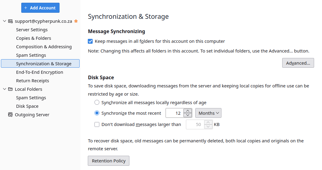 Thunderbird Synchronization & Storage account settings with Keep messages in all folders for this account on this computer ticked, Synchronize the most recent set to 12 months, and the Retention Policy button that holds the message-deletion options