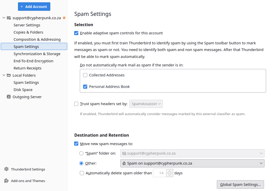 Thunderbird Spam Settings page with Enable adaptive spam controls ticked, the Personal Address Book exception enabled, and Move new spam messages to set to the account’s Spam folder
