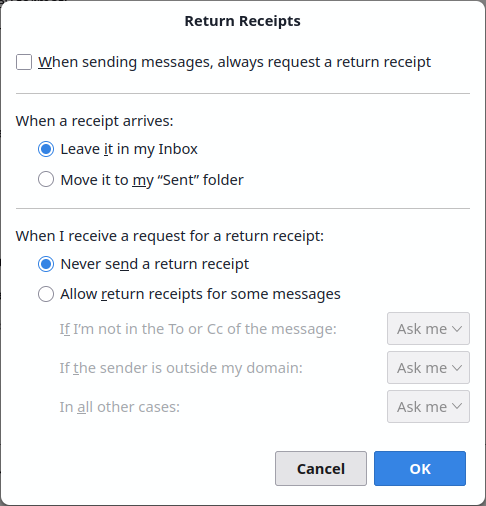 Thunderbird Settings Return Receipts dialog with When I receive a request for a return receipt set to Never send a return receipt and the always-request option left unticked