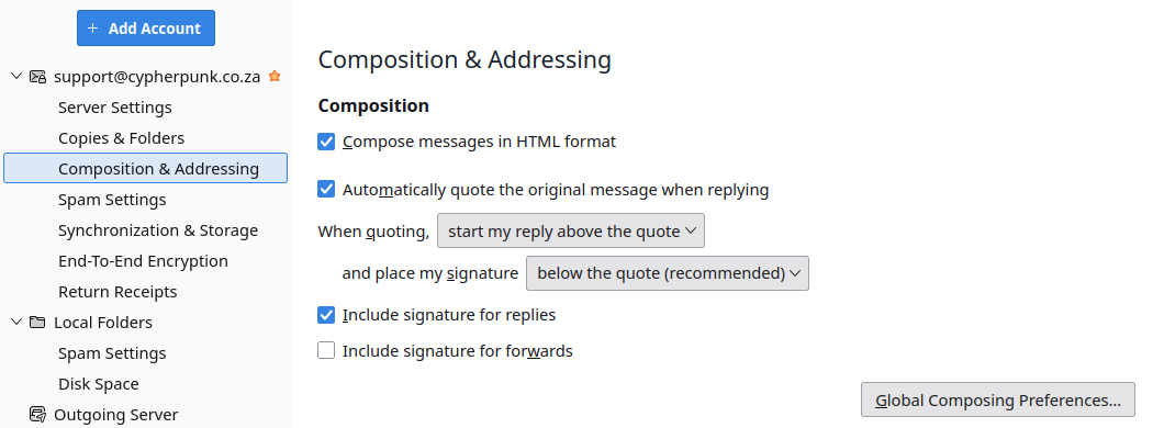 Thunderbird Composition and Addressing account settings showing the Compose messages in HTML format checkbox, Automatically quote the original message when replying, and the start-my-reply-above-the-quote option