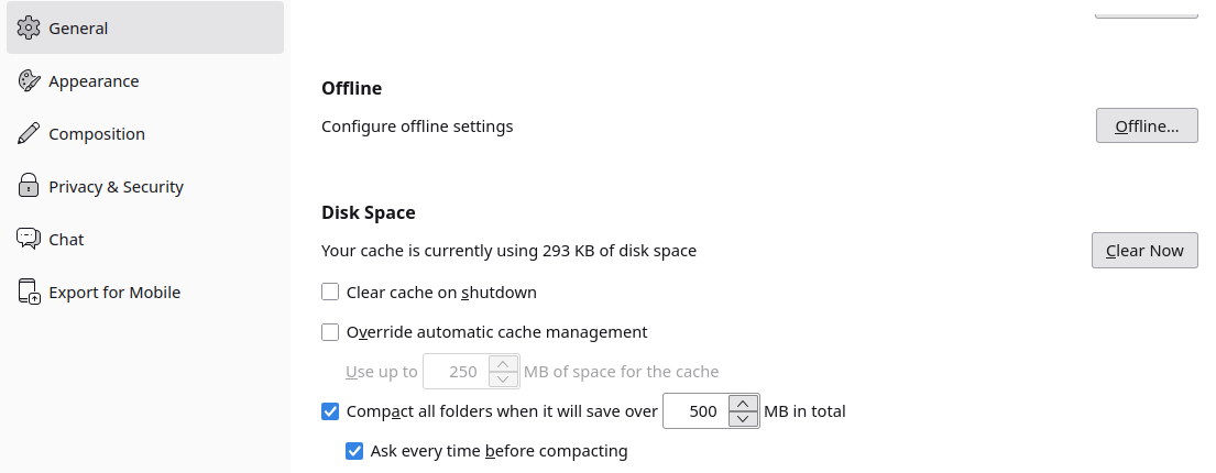 Thunderbird Settings General Disk Space section with Compact all folders when it will save over a set number of megabytes enabled