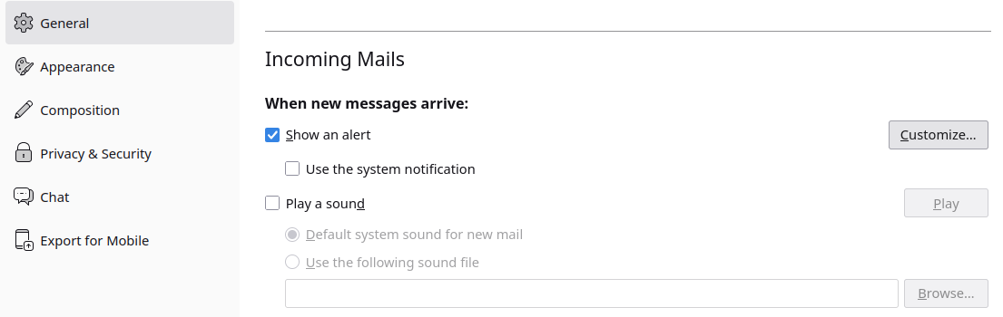 Thunderbird Settings General incoming-mail notification options showing the on-screen alert enabled and the notification sound turned off