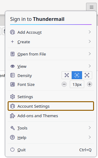 The top right of the Thunderbird main window with the app menu open and the Account Settings item highlighted, showing how to reach the account management window