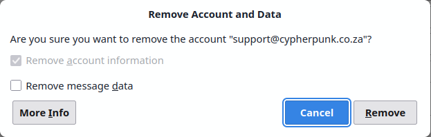 The Thunderbird Remove Account and Data dialog with the Remove account information and Remove message data checkboxes, and the Remove and Cancel buttons