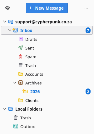 Thunderbird folder pane showing an IMAP account with Inbox, Sent, Archives and custom folders above a separate Local Folders account
