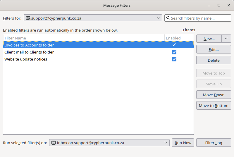 Thunderbird Message Filters dialog listing existing filters with the New (Copy sits in its drop-down), Edit, Delete and Run Now buttons and the Filters for account selector at the top