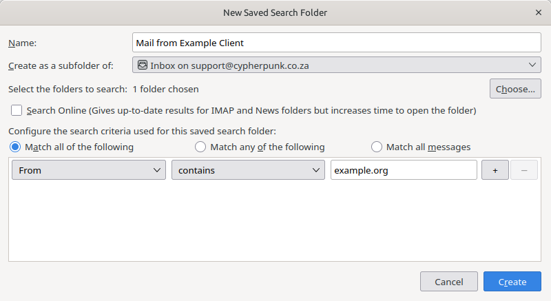 Thunderbird New Saved Search Folder dialog with a name, match conditions and a Choose button for selecting which folders to search