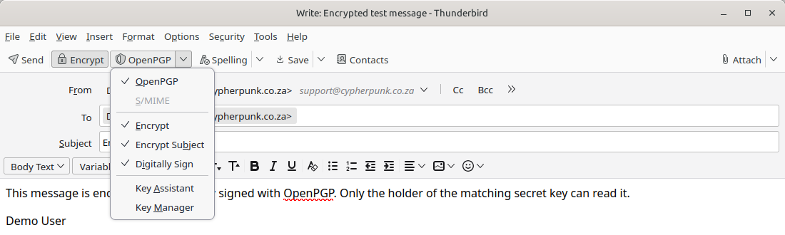 The Thunderbird Write window toolbar with the Encrypt padlock button switched on and the OpenPGP drop-down expanded, showing Encrypt, Encrypt Subject and Digitally Sign ticked