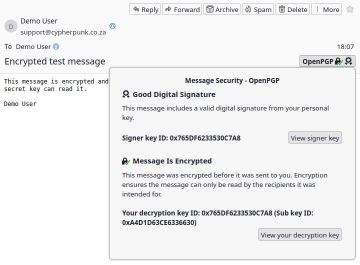 A received message in Thunderbird with the OpenPGP Message Security panel open, confirming the message was encrypted and carries a good digital signature