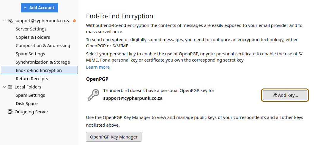 Thunderbird Account Settings on the End-To-End Encryption page with the Add Key button highlighted for a Noiz email account