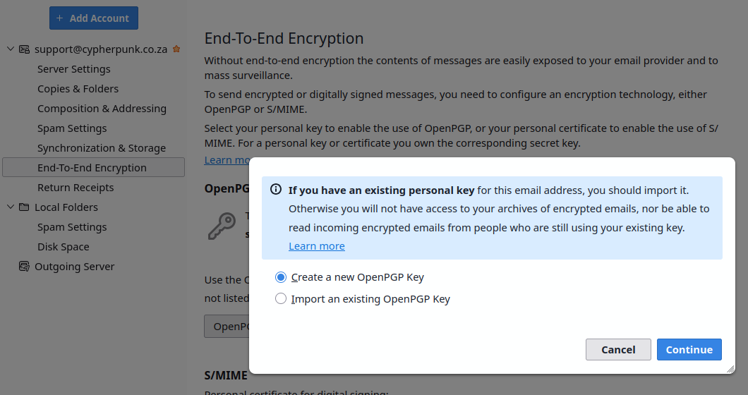 Thunderbird End-To-End Encryption account settings with the Add Key dialog open, offering to create a new OpenPGP key or import an existing one