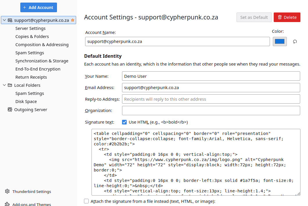 Thunderbird Account Settings with the account name selected, the Use HTML checkbox ticked, and the professional HTML signature template pasted into the Signature text box