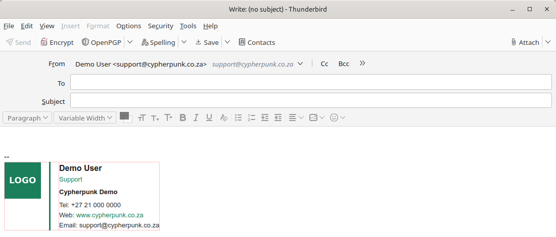 A new Thunderbird compose window showing the rendered HTML signature at the bottom, with the logo, name, job title, company, phone, website and email laid out beside a coloured accent bar