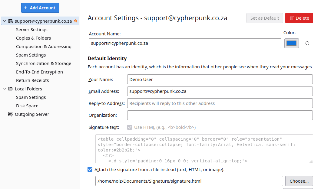 Thunderbird Account Settings with the option Attach the signature from a file instead ticked and a signature.html file selected via the Choose button