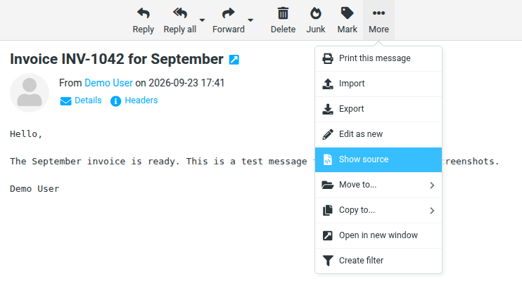 The More menu open on an opened message in Plesk Roundcube webmail, with the Show source option highlighted