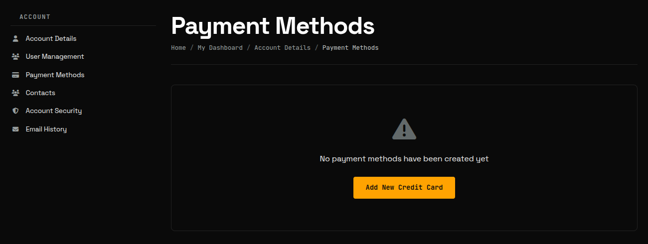 The Payment Methods page in the Noiz Console with the Add New Credit Card button, shown here for an account with no saved card yet