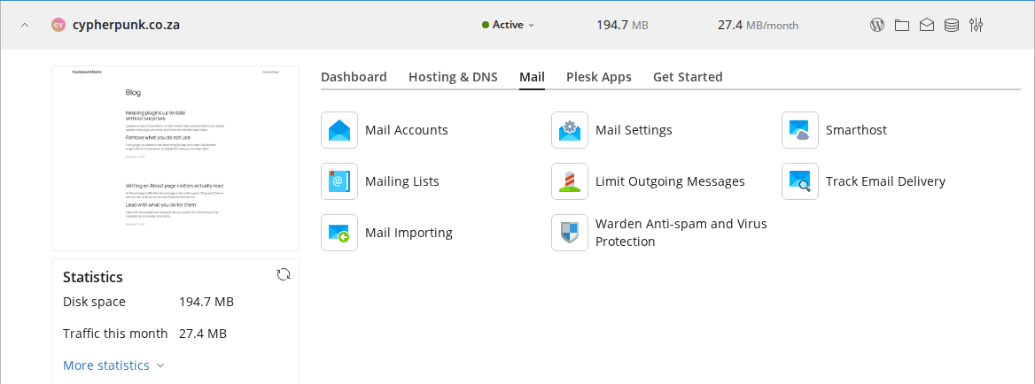 Plesk domain card with the Mail tab open, showing the Mail Settings icon