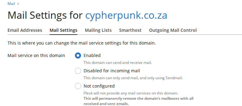 Plesk Mail Settings for a domain, showing the three Mail service on this domain options: Enabled, Disabled for incoming mail, Not configured