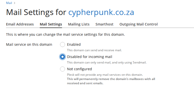 Plesk Mail Settings with Disabled for incoming mail selected
