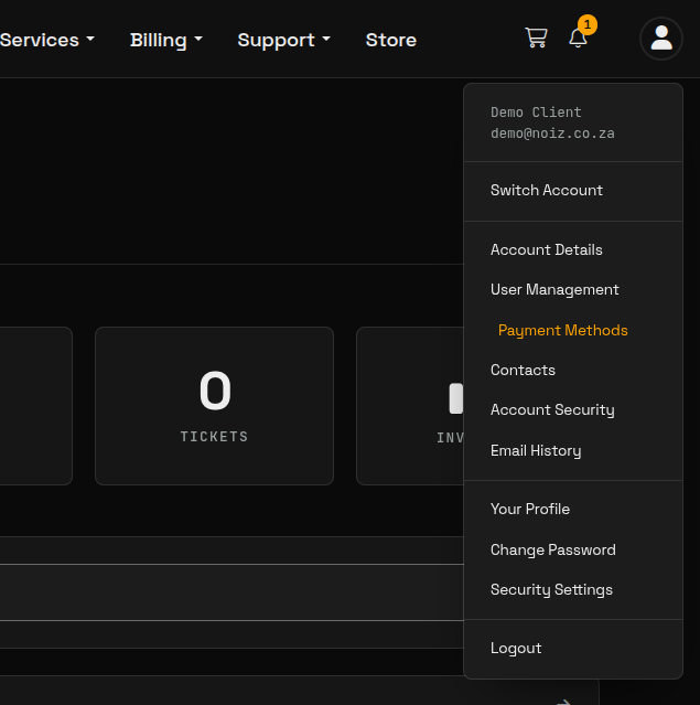 The account menu in the Noiz Console, opened from the icon at the top right, with Payment Methods highlighted