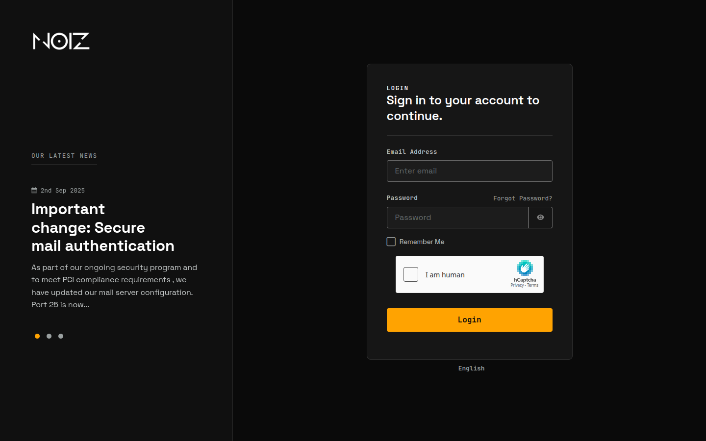 The Noiz Console login form, with Email Address and Password fields and the Login button