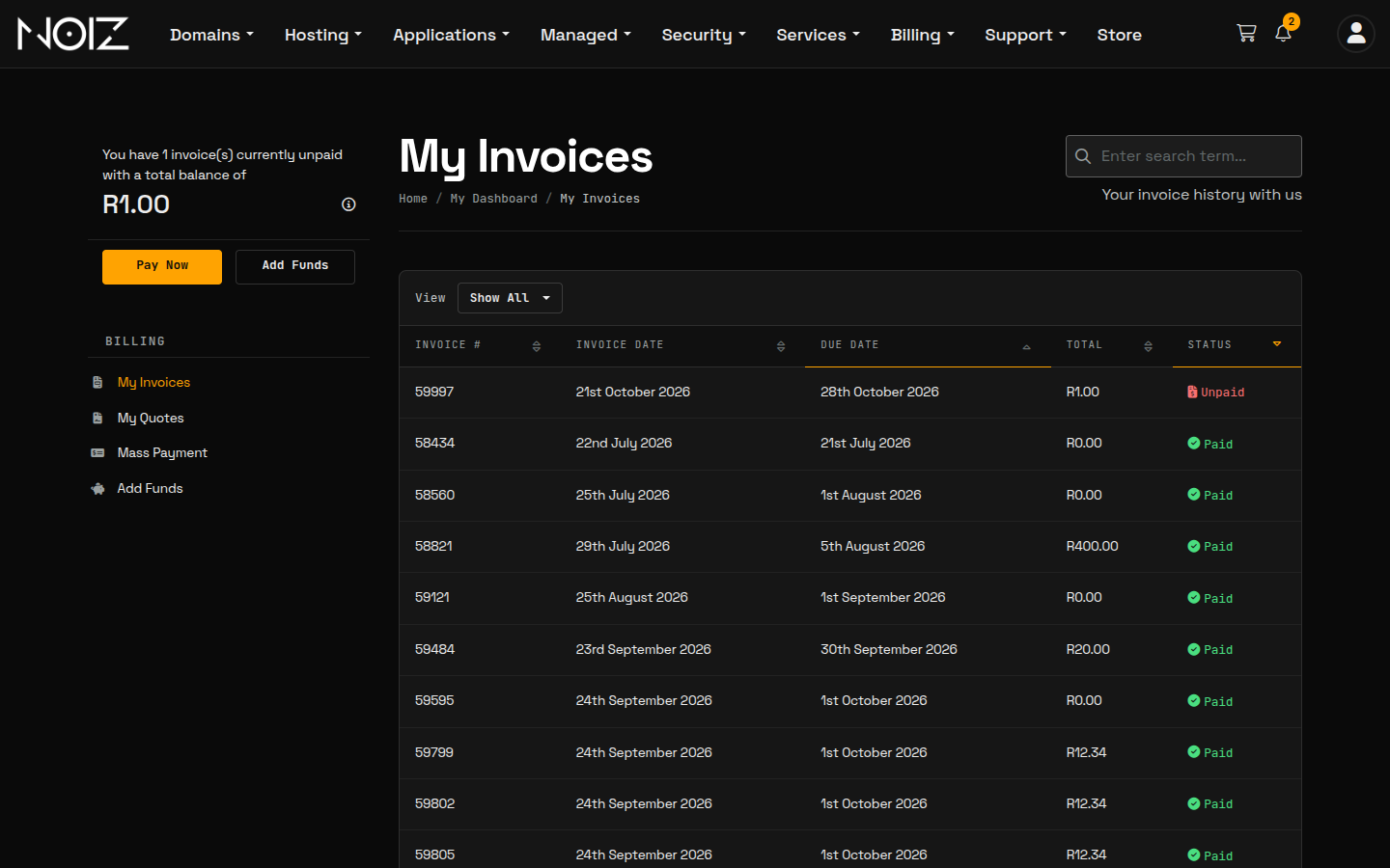 The My Invoices page in the Noiz Console, listing invoices with their date, due date, total and status