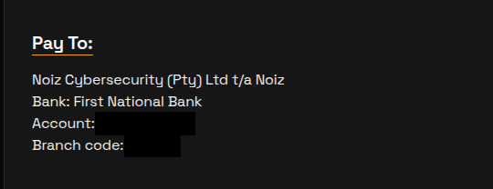The Pay To section of a Noiz invoice, showing the Noiz company name and bank; the account number and branch code are on your own invoice