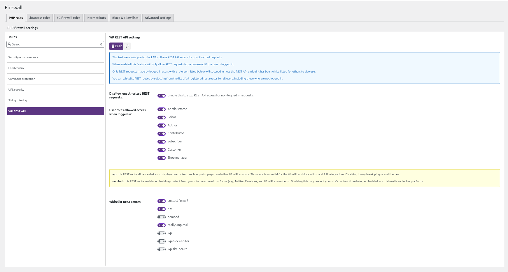 AIOS Firewall PHP rules tab showing the WP REST API settings page, with the Disallow unauthorized REST requests toggle at the top and a Whitelist REST routes list that includes a contact-form-7 entry.