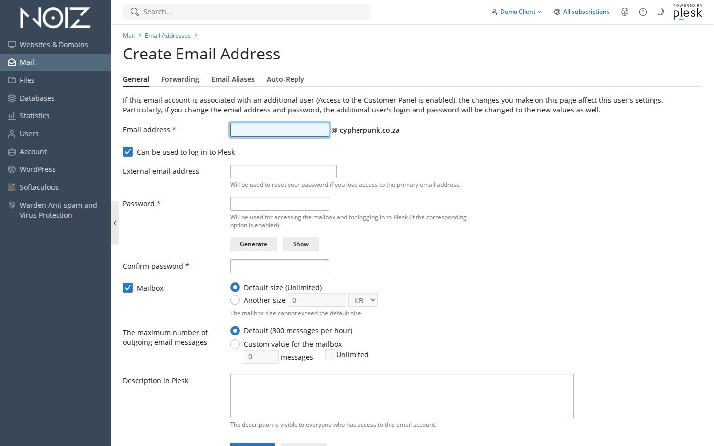 The General tab of the Create Email Address form in Plesk showing the email address, password and mailbox size fields