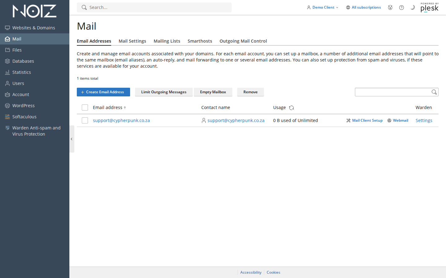 Plesk control panel sidebar with the Mail tab highlighted