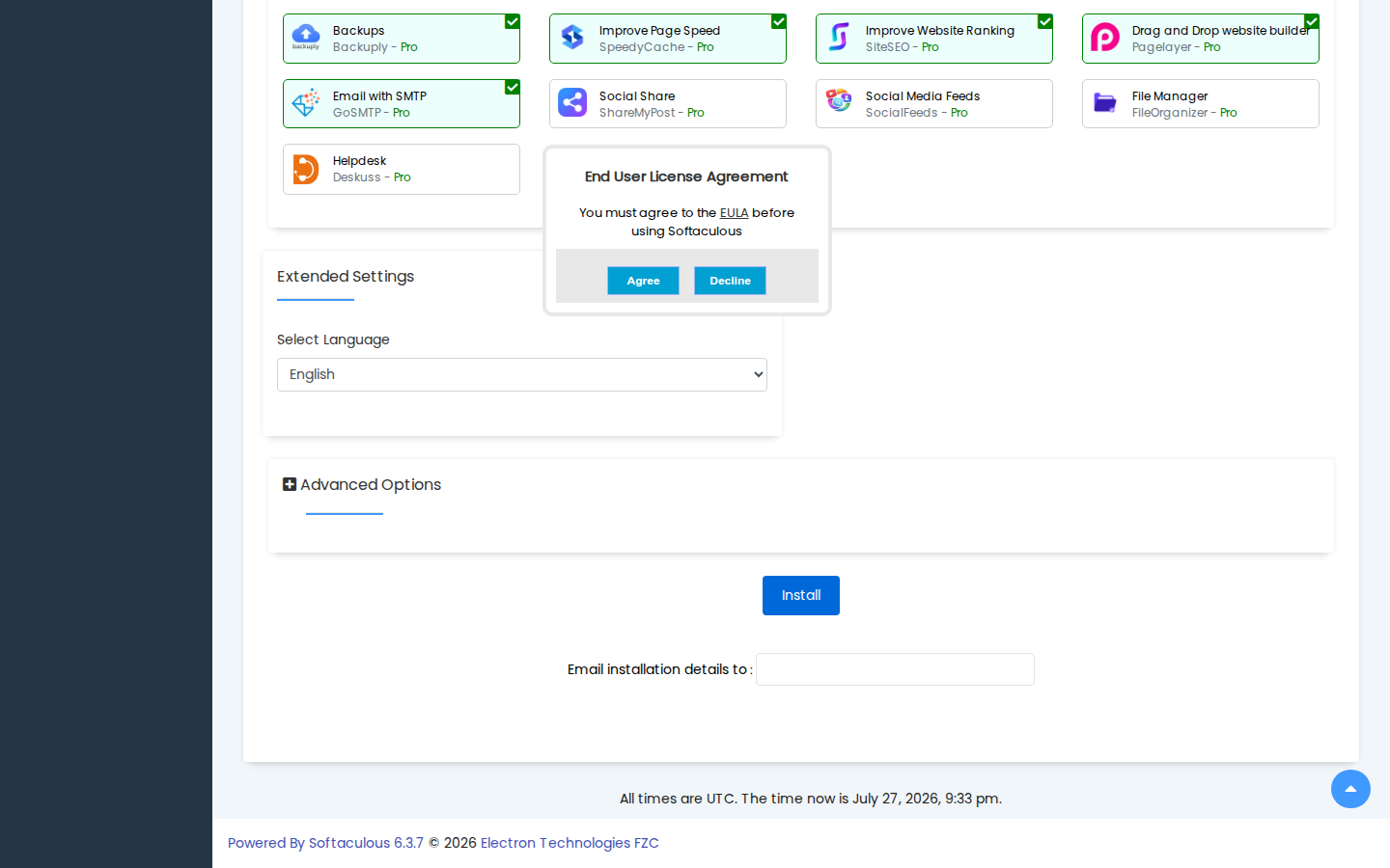 The expanded Advanced Options section of the Softaculous WordPress installation form showing database, auto upgrade, and automated backup settings