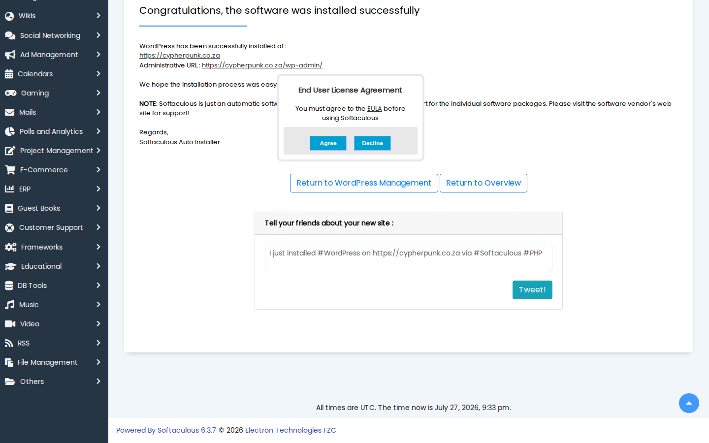 The Softaculous success screen after installing WordPress showing links to the new website and its admin area
