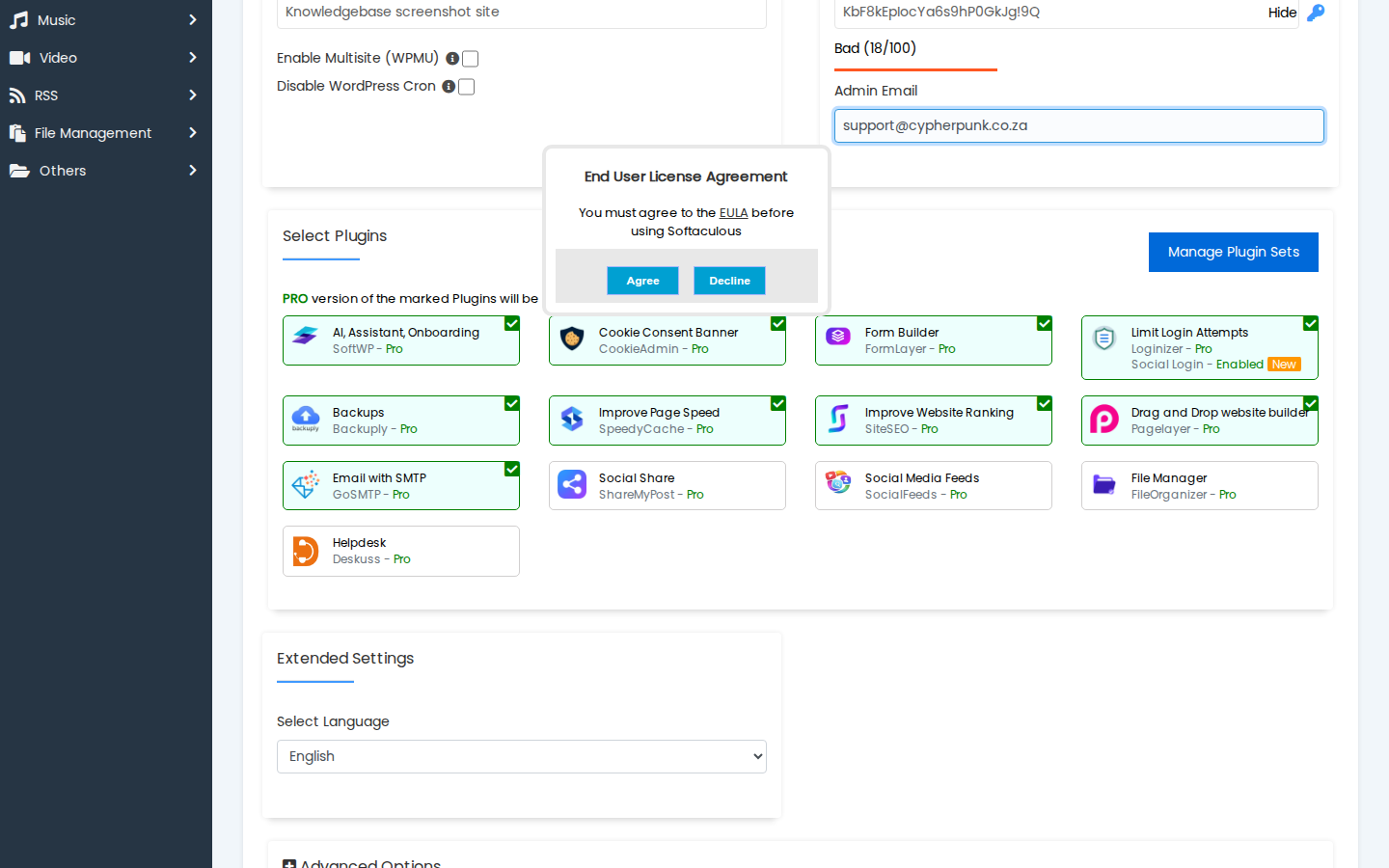 The Site Settings and Admin Account sections of the Softaculous WordPress installation form with example values filled in