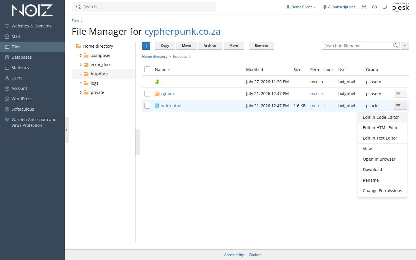 The Plesk File Manager row menu with the Change Permissions option highlighted