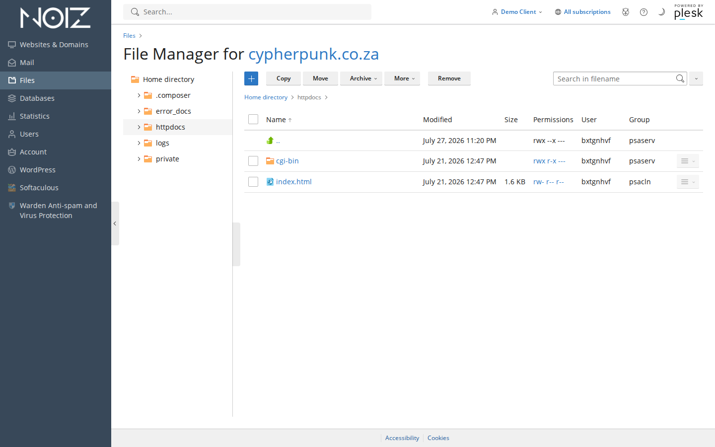 The Plesk File Manager open at the web space root directory