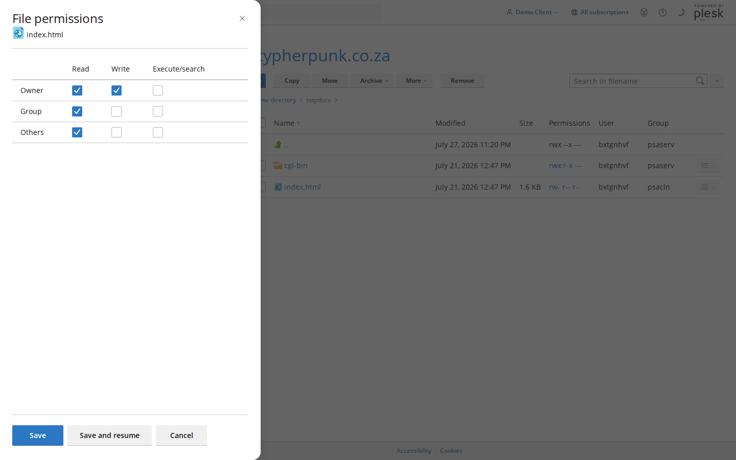 The Plesk Change Permissions dialog with 755 selected and 'Change permissions of enclosed files and subdirectories' ticked