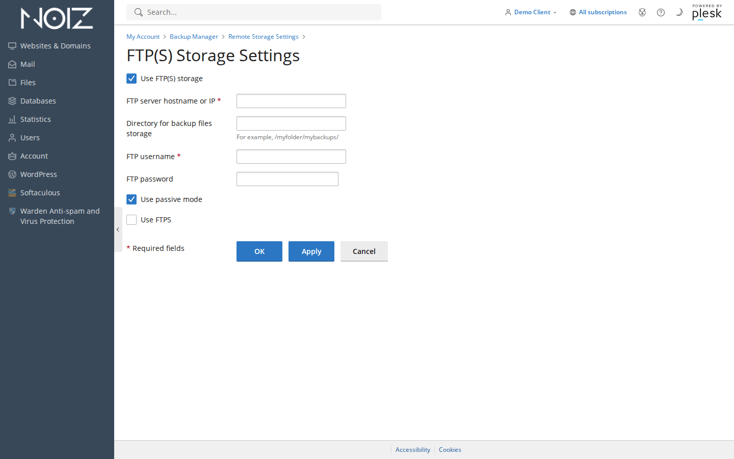 Plesk Remote Storage Settings page with Use FTP(S) storage selected, showing the FTP server hostname, directory, username, password, passive mode and Use FTPS fields