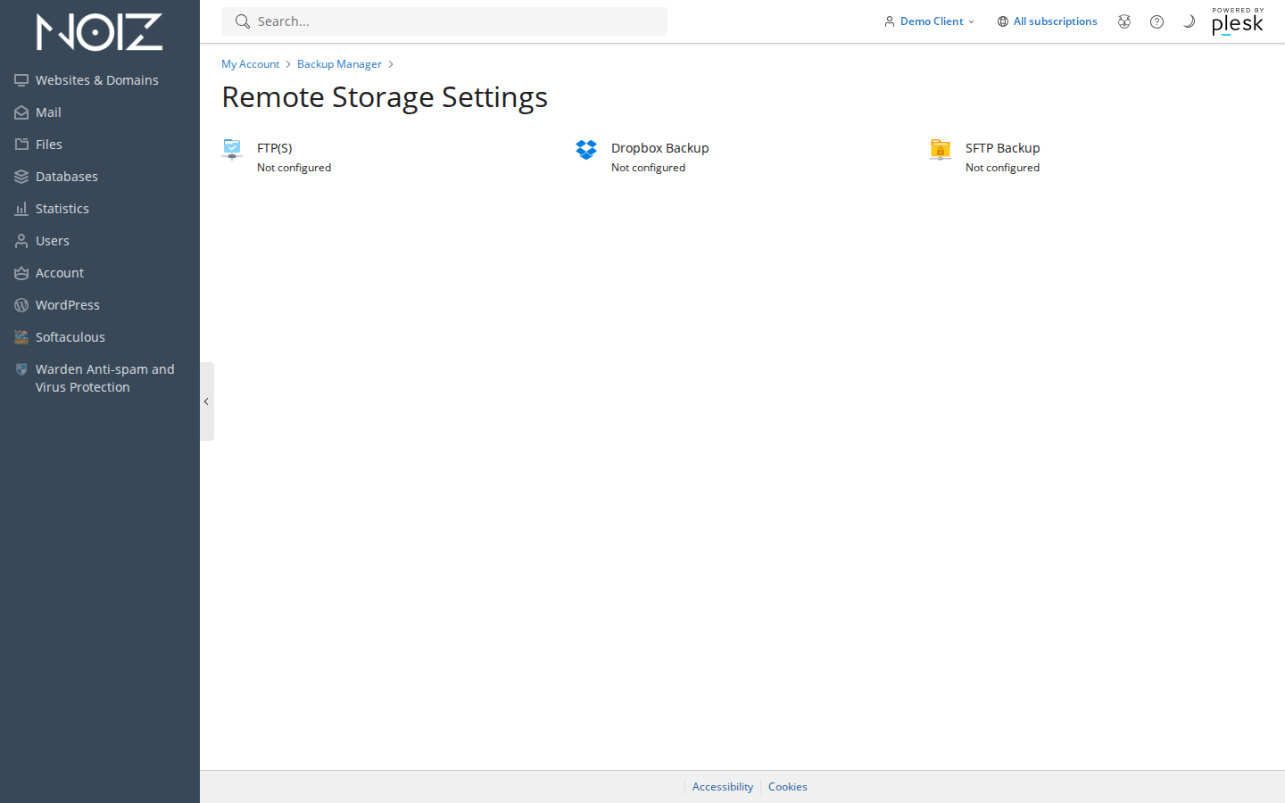 Plesk Backup Manager with the Remote Storage Settings button and Dropbox listed as a storage type
