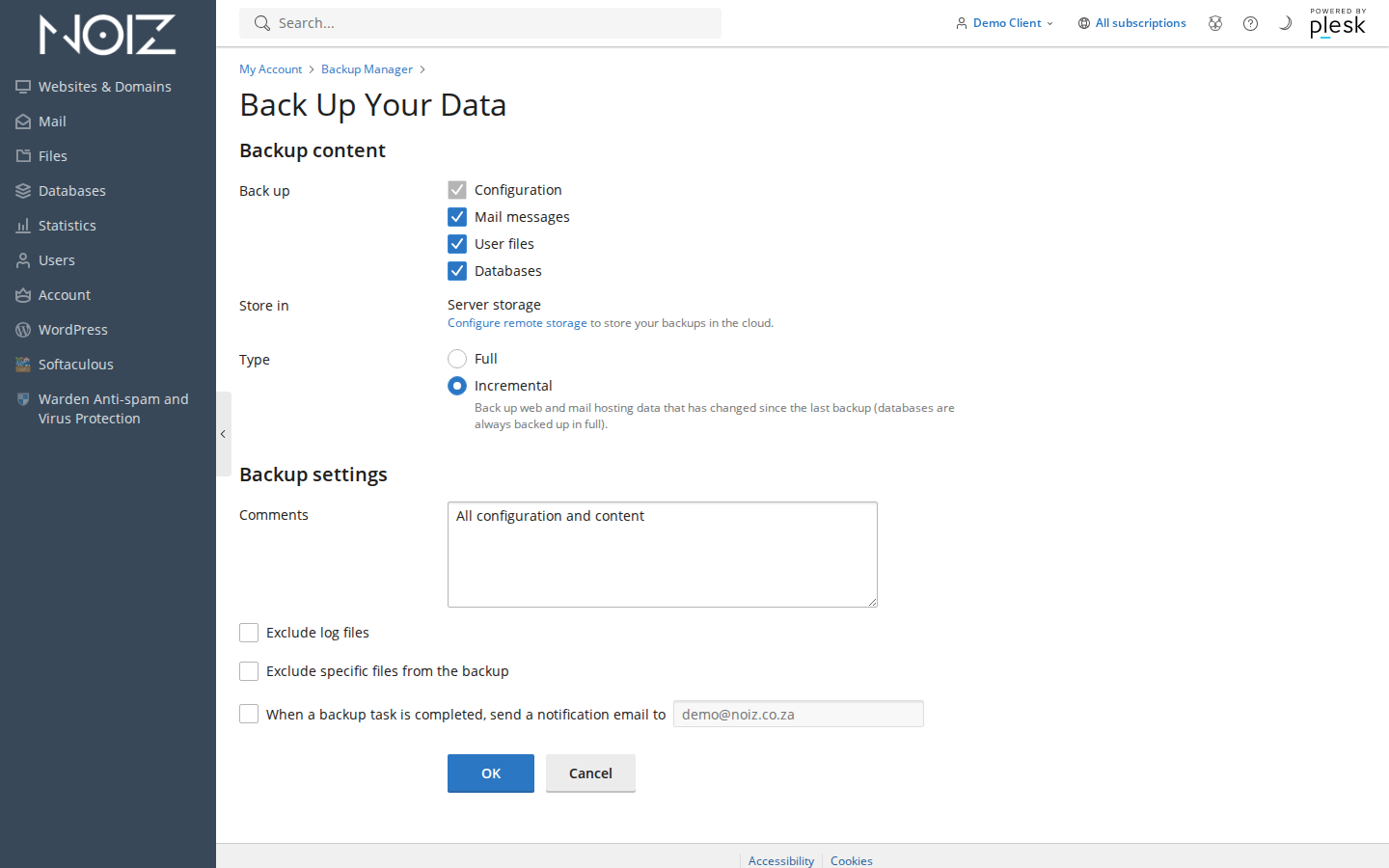 Plesk Back Up dialog with the Store in option set to SFTP storage